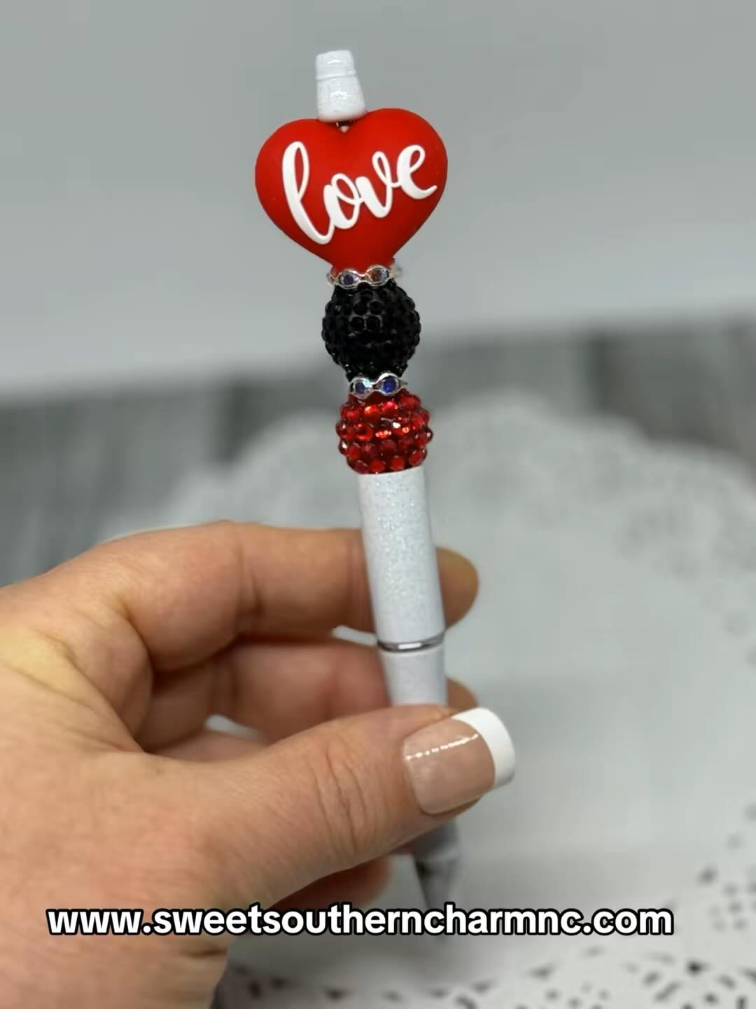 Love 3D Beaded Pen with Black Rhinestone Bead-